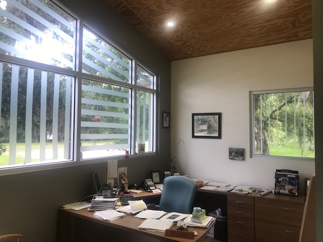 inside view of an office with a large window decorated with bird tape